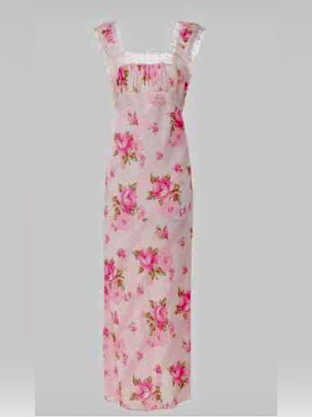 Selkie 🫶Pink & Green Floral Lace-Trim Satin Maxi❤️🔥👀-on White- NWOT